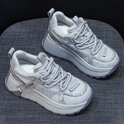 厚底内增高老爹鞋女2025新款百搭秋冬加绒真皮爆款水钻运动阿甘鞋