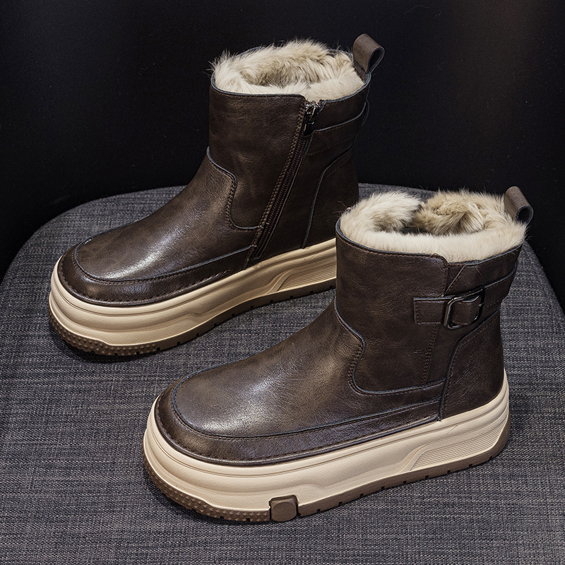 厚底真皮雪地靴女2025新款冬季短靴加绒加厚防水防滑东北保暖棉鞋