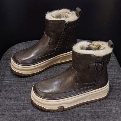 厚底真皮雪地靴女2025新款冬季短靴加绒加厚防水防滑东北保暖棉鞋