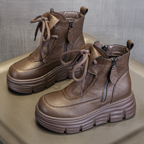 厚底马丁靴女秋冬加绒2025新款小个子内增高英伦风复古真皮短靴