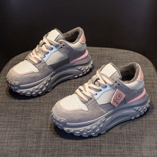 女2025新款 子女显脚小厚底真皮休闲运动鞋 爆款 加绒鞋 秋冬季 老爹鞋