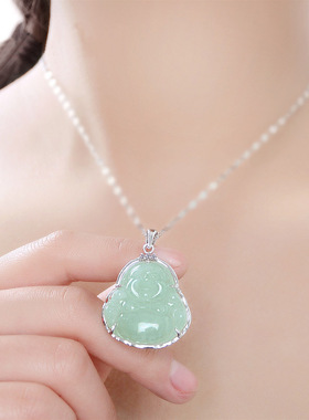 天然a货翡翠小佛白金款银镶玉