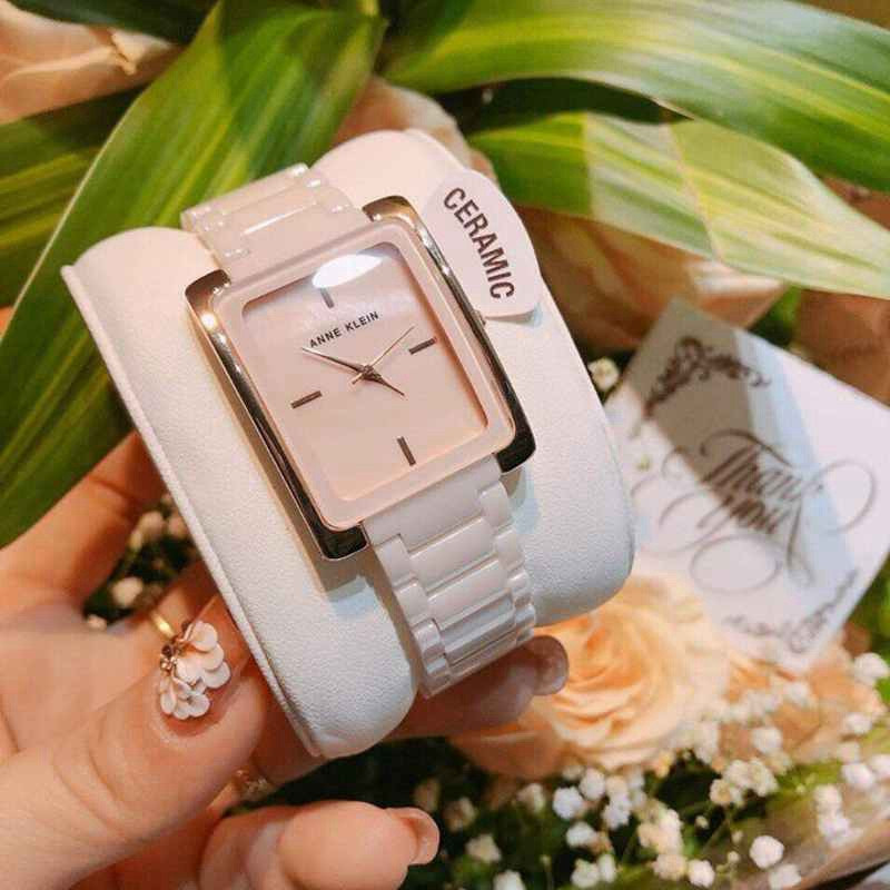ak手表女anne klein 2952lprg 樱花淡粉陶瓷方形贝母表盘石英腕表