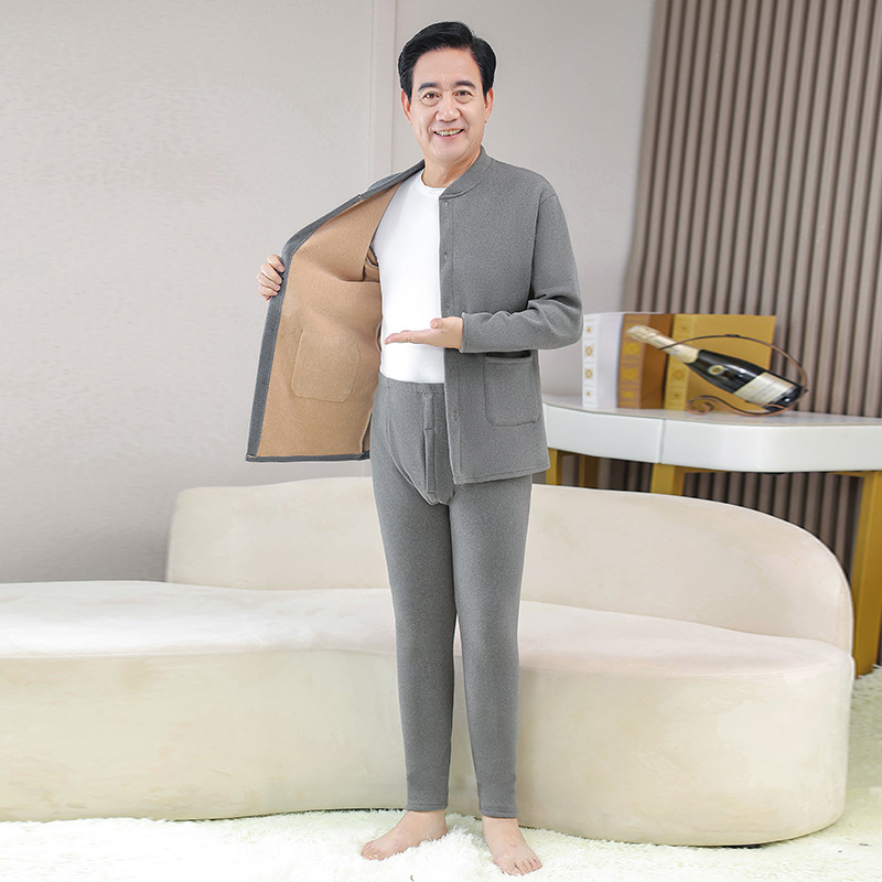 爸爸冬季加绒加厚开衫保暖内衣套装中老年男士防寒秋衣秋裤打底衫