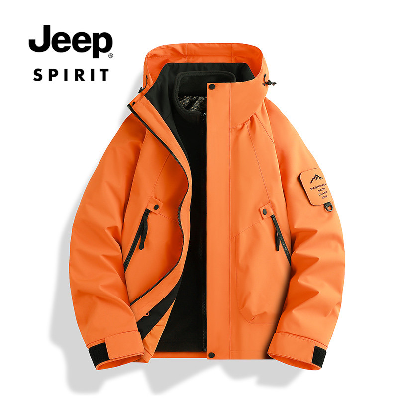 JEEP SPIRIT2025秋冬新款橙色冲锋衣三合一两件套情侣户外登山