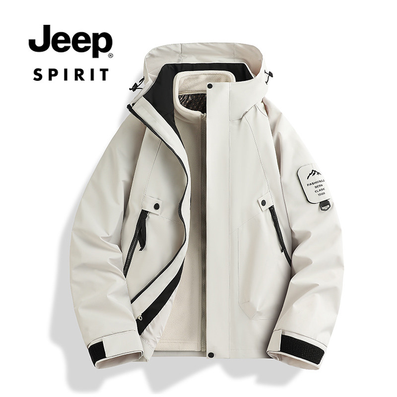 JEEP SPIRIT2025冬新款白色冲锋衣三合一两件套情侣休闲户外登山