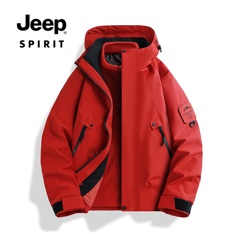 JEEPSPIRIT2025秋冬红色新款冲锋衣三合一内胆两件套情侣休闲户外