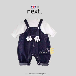 英国next zyu官方正品婴儿连体衣秋季男宝牛仔背带裤长袖两件套装