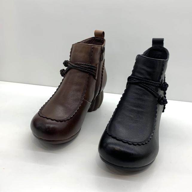 绝恋2025新款真皮复古时装靴粗跟短靴舒适圆头软底妈妈鞋加绒女靴,女鞋,时装靴,淘宝优惠券,粉丝福利购,淘宝优惠卷