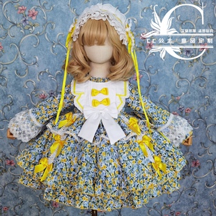 秋冬女童蓝黄色碎花宫廷喇叭袖洛丽塔连衣裙生日礼服西班牙公主裙