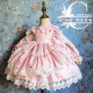 秋冬女童甜美粉色洛丽塔连衣裙蓬蓬西班牙公主裙生日礼服宫廷洋装