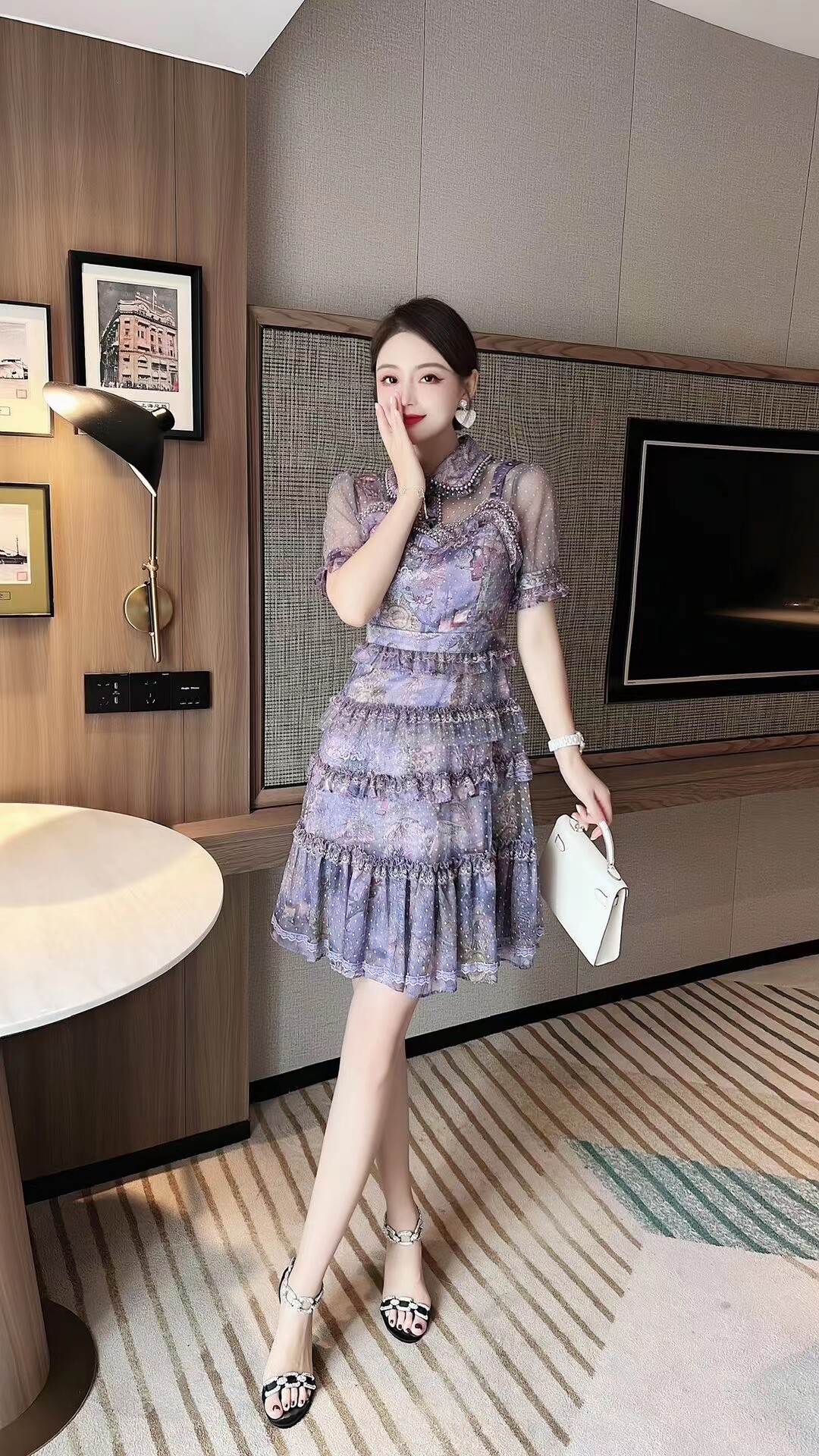 JW法式宫廷假两件娃娃领透视时髦甜美串珠植绒波点印花连衣裙
