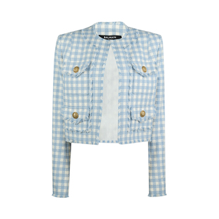 BALMAIN女Gingham Tweed格纹花呢短款长袖夹克外套女士新款推广