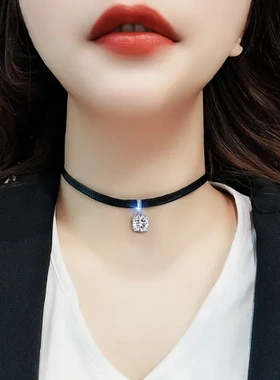 简约锁骨链choker项链锆石小众超闪短款皮绳设计感气质颈带女吊坠