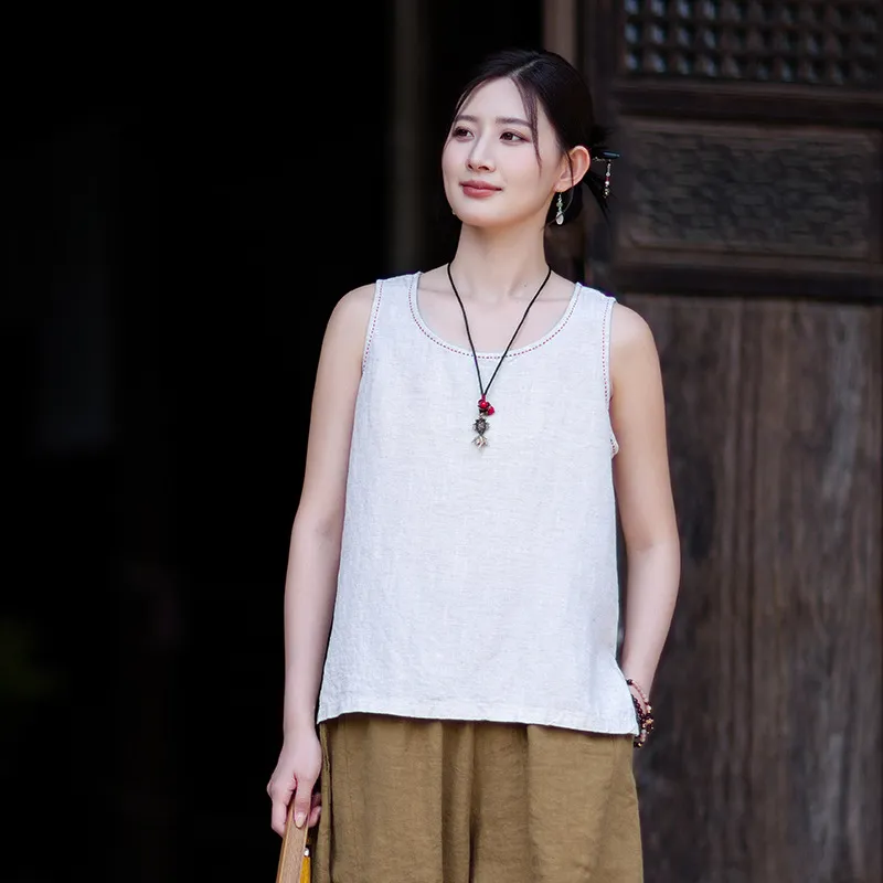 新款26夏季文艺亚麻缝线无袖吊带宽松上衣天丝麻打底纯色小背心女