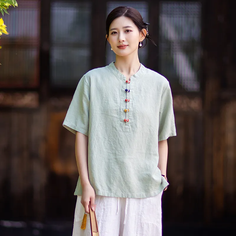 棉麻女装26新款中式复古薄款天丝麻立领撞色盘扣衬衫短袖上衣女T