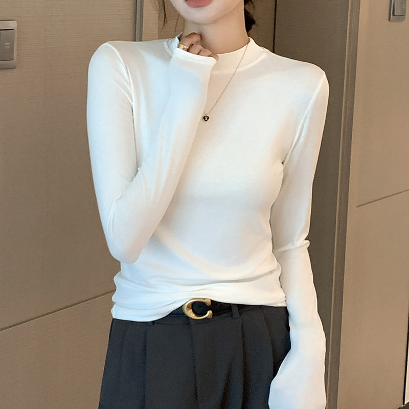 秋冬新款女装长袖T恤莫代尔打底衫纯色秋衣半高领圆领小立领上衣