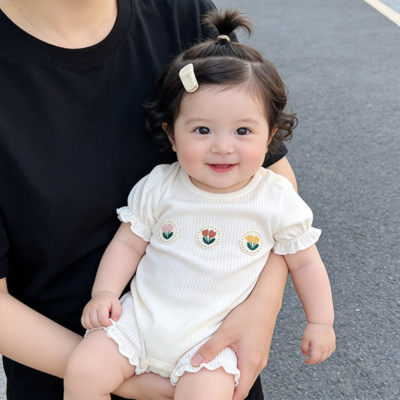 女宝宝夏季短袖薄款可爱肩开莫代尔哈衣婴幼儿爬服外出服连体衣