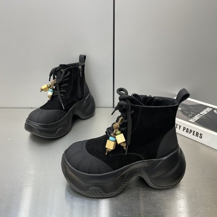 欧货真皮流苏串珠系带厚底松糕小个子7cm马丁靴机车短靴加绒女鞋