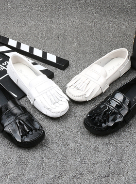 现货发36.37.39.40码夏季女鞋真皮平底低帮流苏漆皮百搭豆豆鞋女