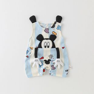 婴儿连体衣夏季薄款男宝宝衣服夏天网红超萌可爱百天周岁无袖爬服