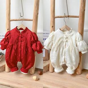 婴儿冬装薄棉连体衣服女宝宝加绒公主中国风洋气秋冬季套装外出服