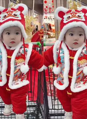 婴儿冬季拜年服加绒连体衣宝宝喜庆红色新年服过年加厚外出棉爬服