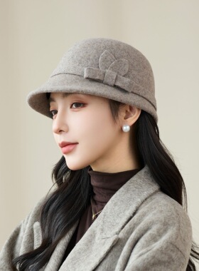 羊毛呢马术帽子秋冬中老年女士妈妈保暖礼帽高级感蝴蝶结时尚盆帽