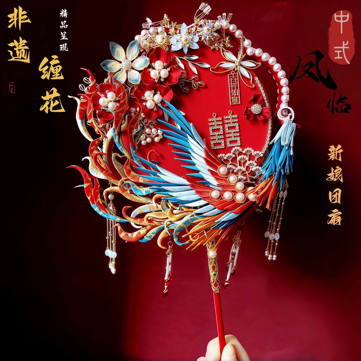 非遗缠花凤凰团扇新娘喜扇材料包