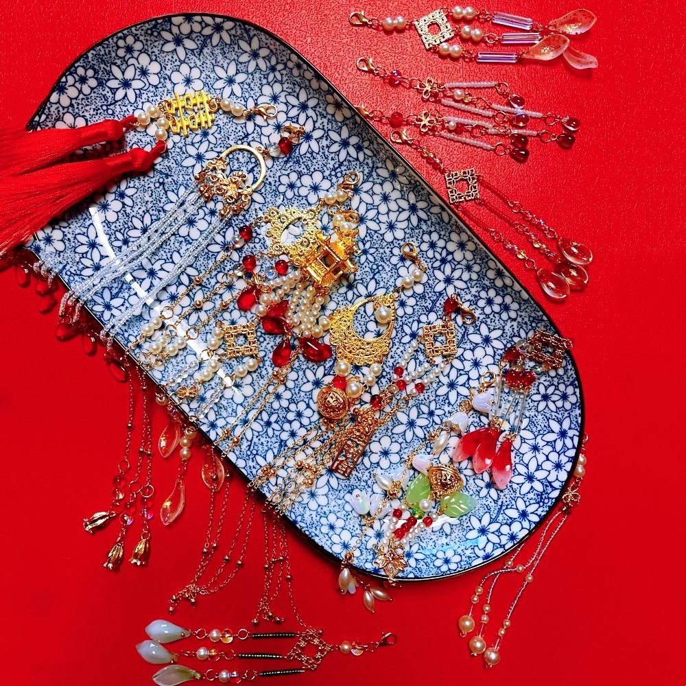珍珠米珠流苏DIY手工制作合金挂件新娘中式团扇头饰装饰材料可拆