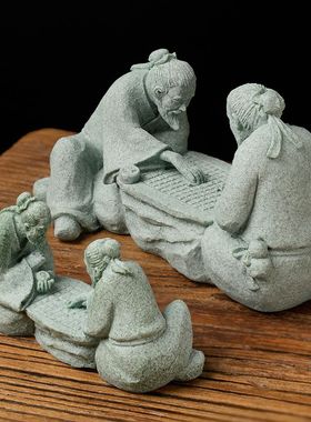迷你下棋老者创意小摆件青砂石鱼缸桌面造景装饰复古对弈仙翁人物