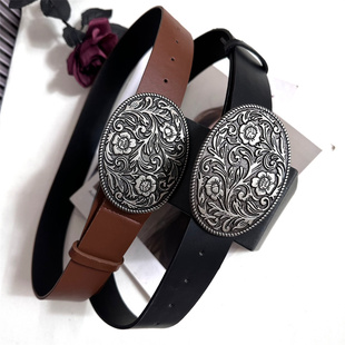 唐草花纹复古大扣头皮带女士高级感时尚百搭装饰牛仔裤棕色皮带宽