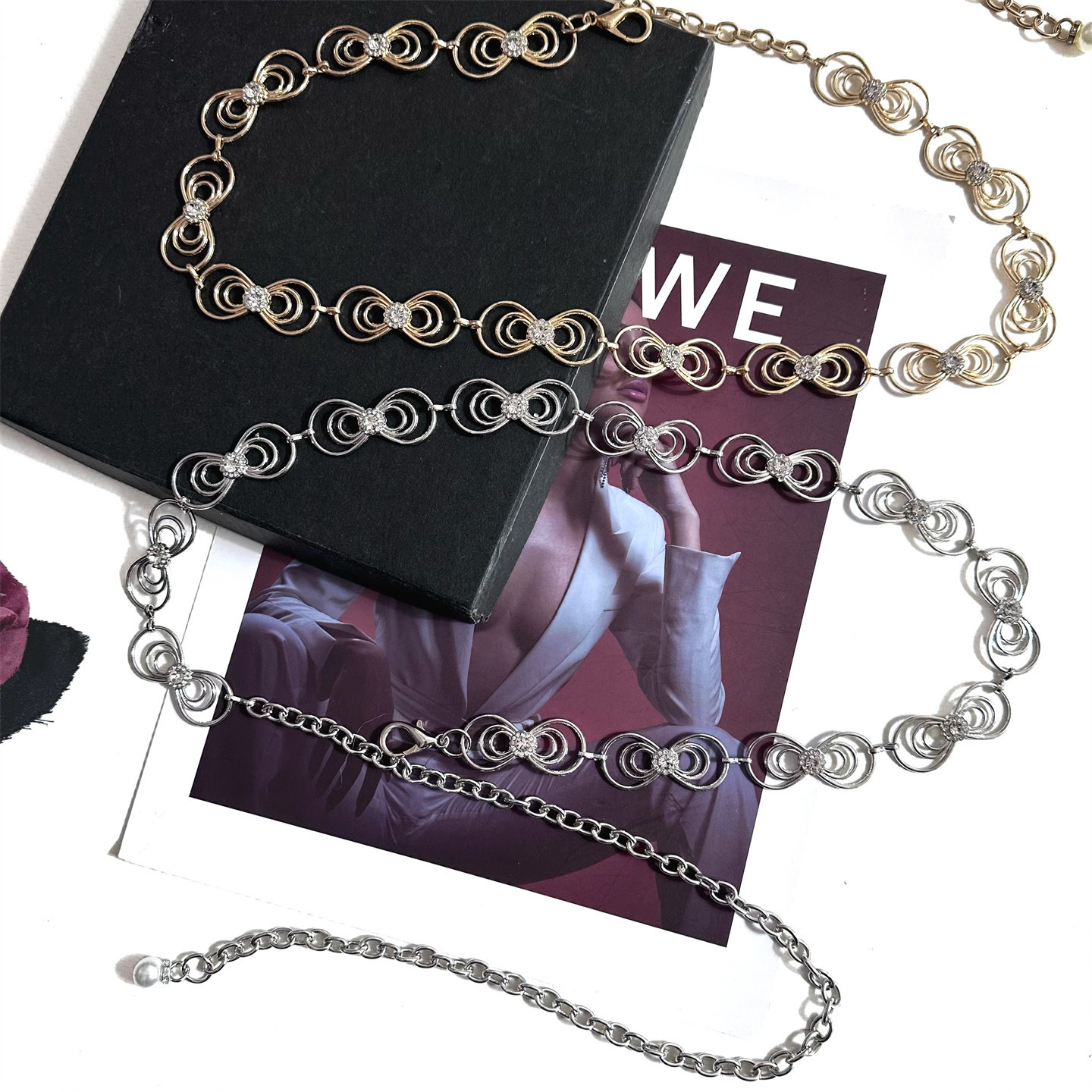 新款蝴蝶结腰链配饰连衣裙子高级感百搭水钻链条腰带装饰细裤链