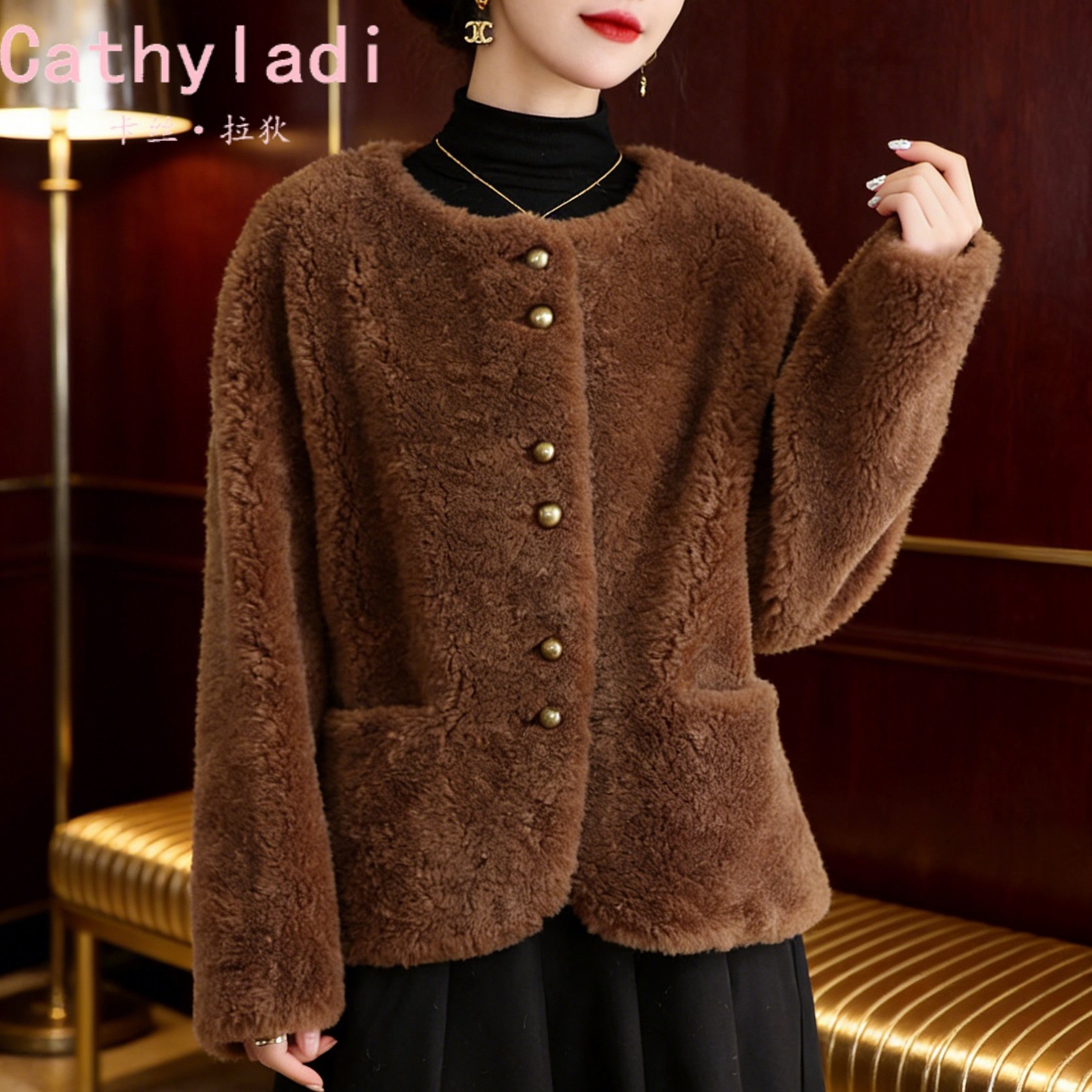 CATHYLADI小香风气质咖色外套2026年冬季加厚保暖圆领短款上衣女,女装/女士精品,短外套,淘宝优惠券,粉丝福利购,淘宝优惠卷