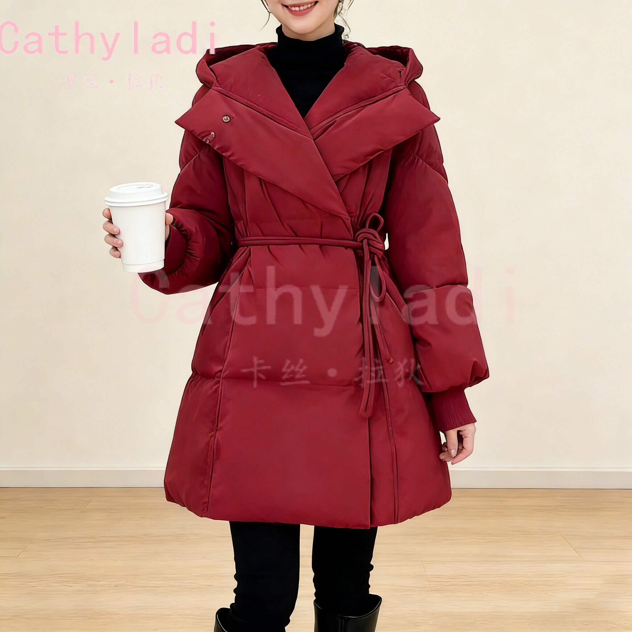 CATHYLADI新款深红色宽松羽绒服2026年冬季加厚保暖中长款外套女