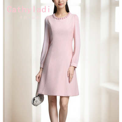 CATHYLADI名媛精致风圆领连衣裙
