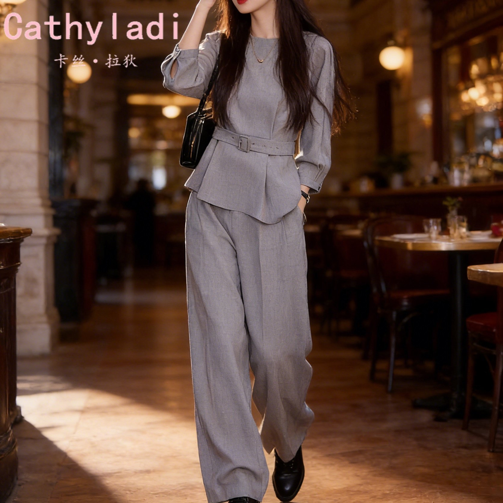 CATHYLADI复古时尚休闲套装2026年春季新款圆领上衣阔腿裤两件套,女装/女士精品,时尚套装,淘宝优惠券,粉丝福利购,淘宝优惠卷