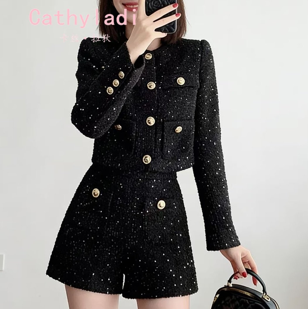 CATHYLADI黑色小香风时尚套装2026年冬季轻奢外套气质短裤两件套,女装/女士精品,时尚套装,淘宝优惠券,粉丝福利购,淘宝优惠卷