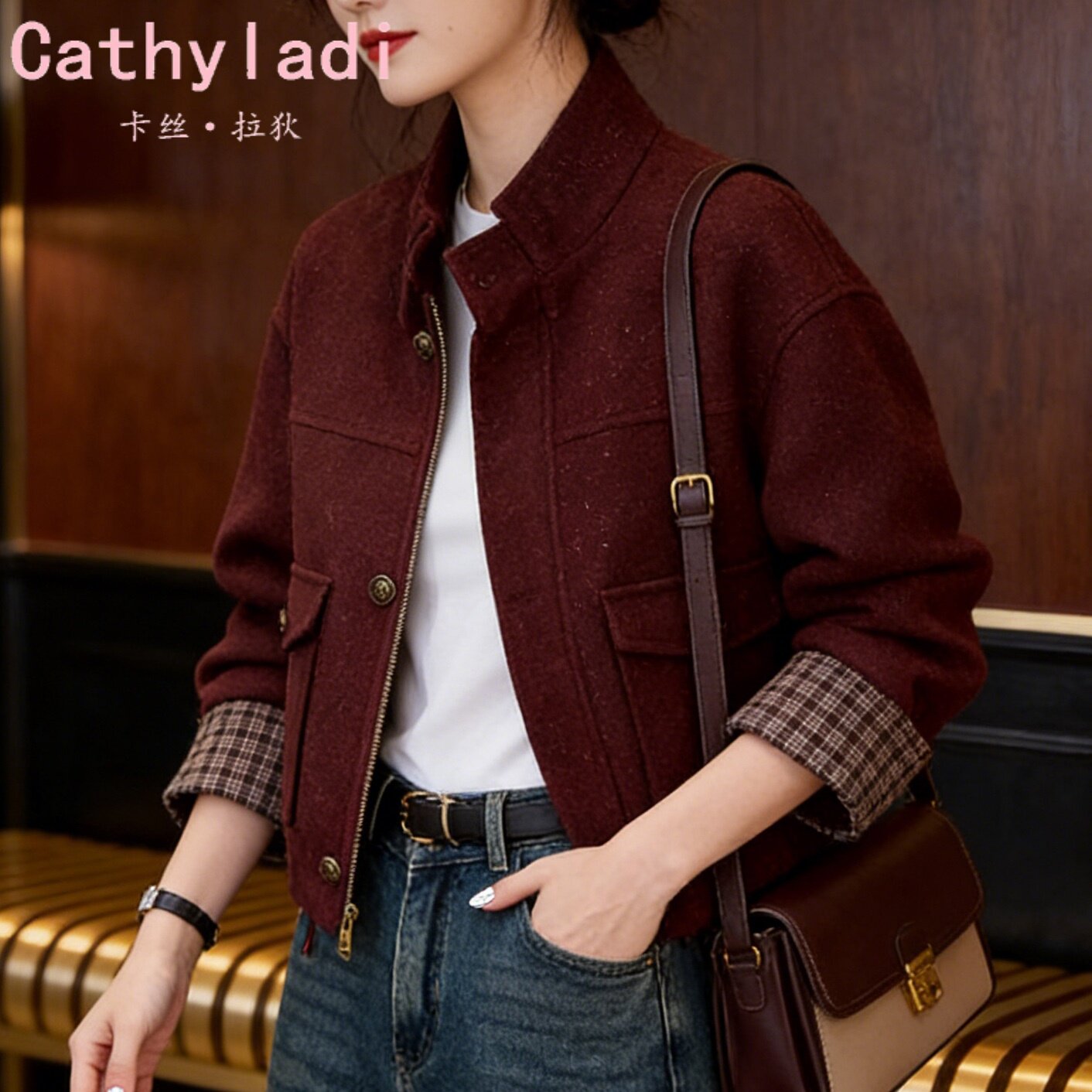CATHYLADI时尚百搭呢子棉衣2025年秋冬季新款格子拼接厚款外套女