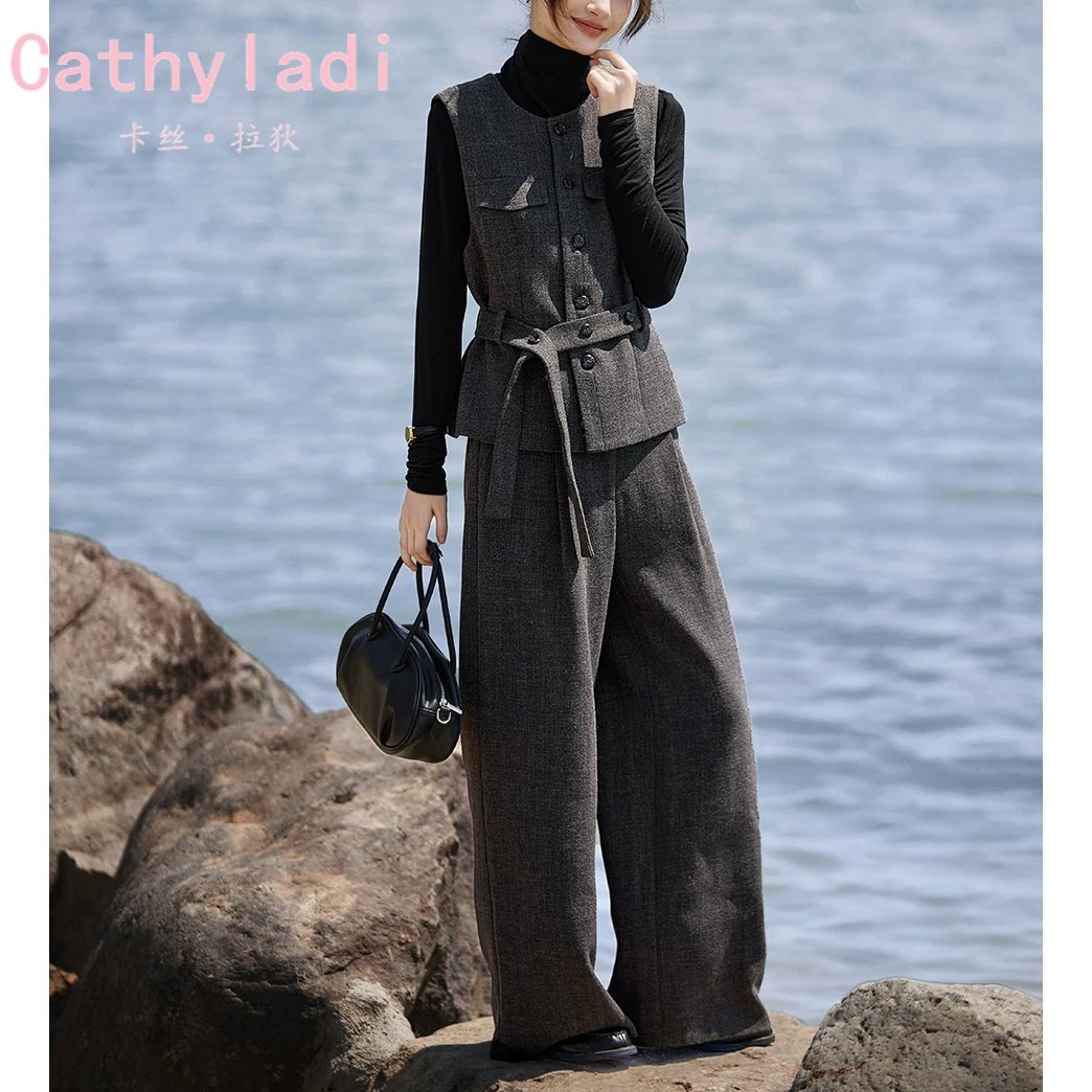 CATHYLADI高级感时尚洋气套装2025冬季气质收腰马夹阔腿裤两件套