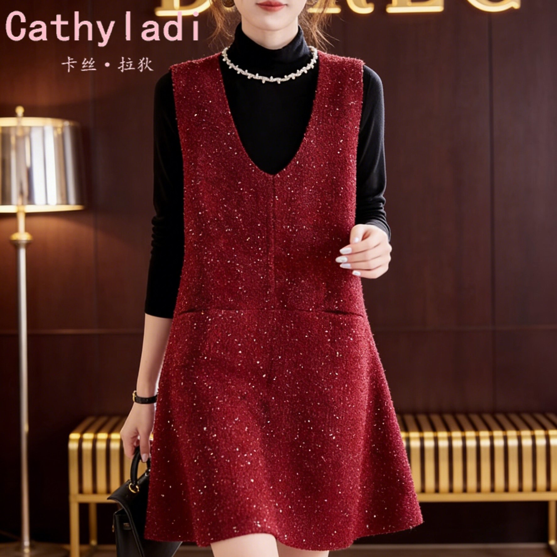 CATHYLADI法式小香风红色套装2025年秋冬季时尚打底背心裙两件套