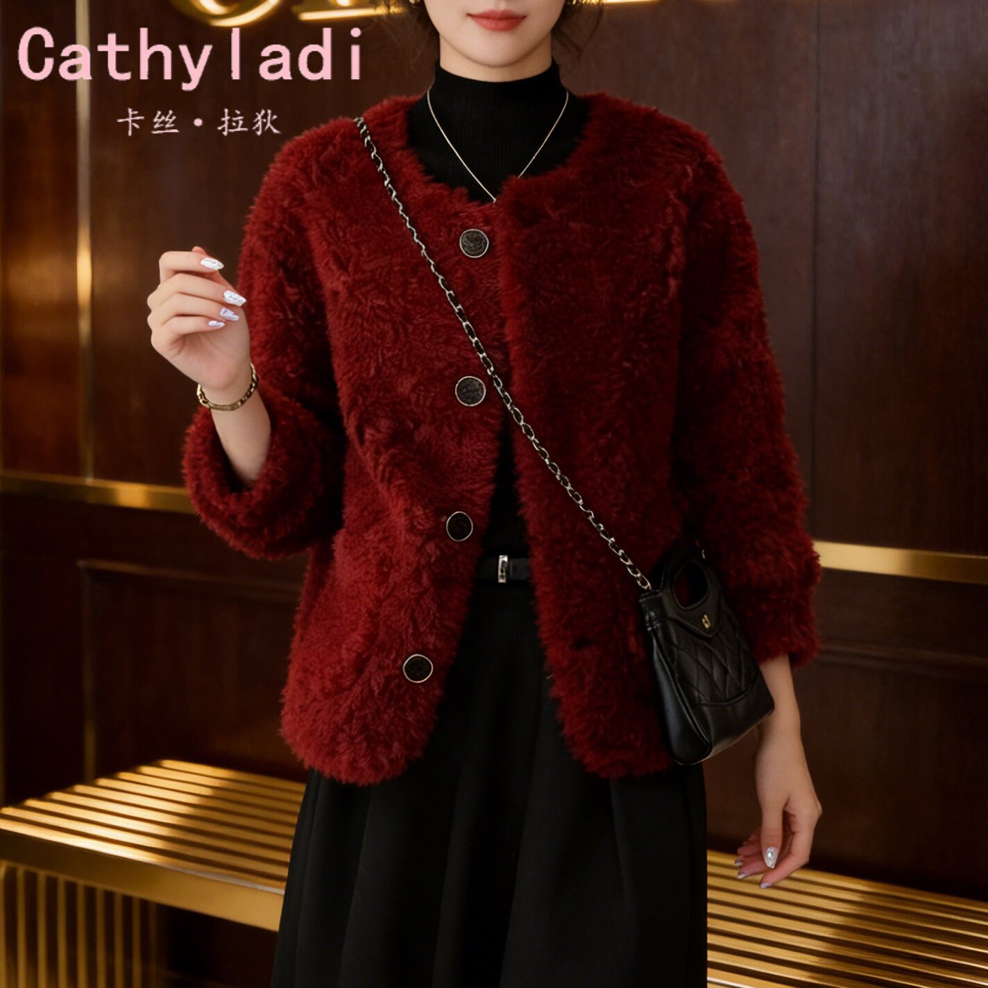 CATHYLADI酒红色小香风圆领外套2026年冬季高级感轻奢加厚上衣女