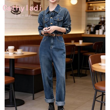 CATHYLADI高级感气质连衣裤2025年秋季新款减龄工装牛仔连体裤女