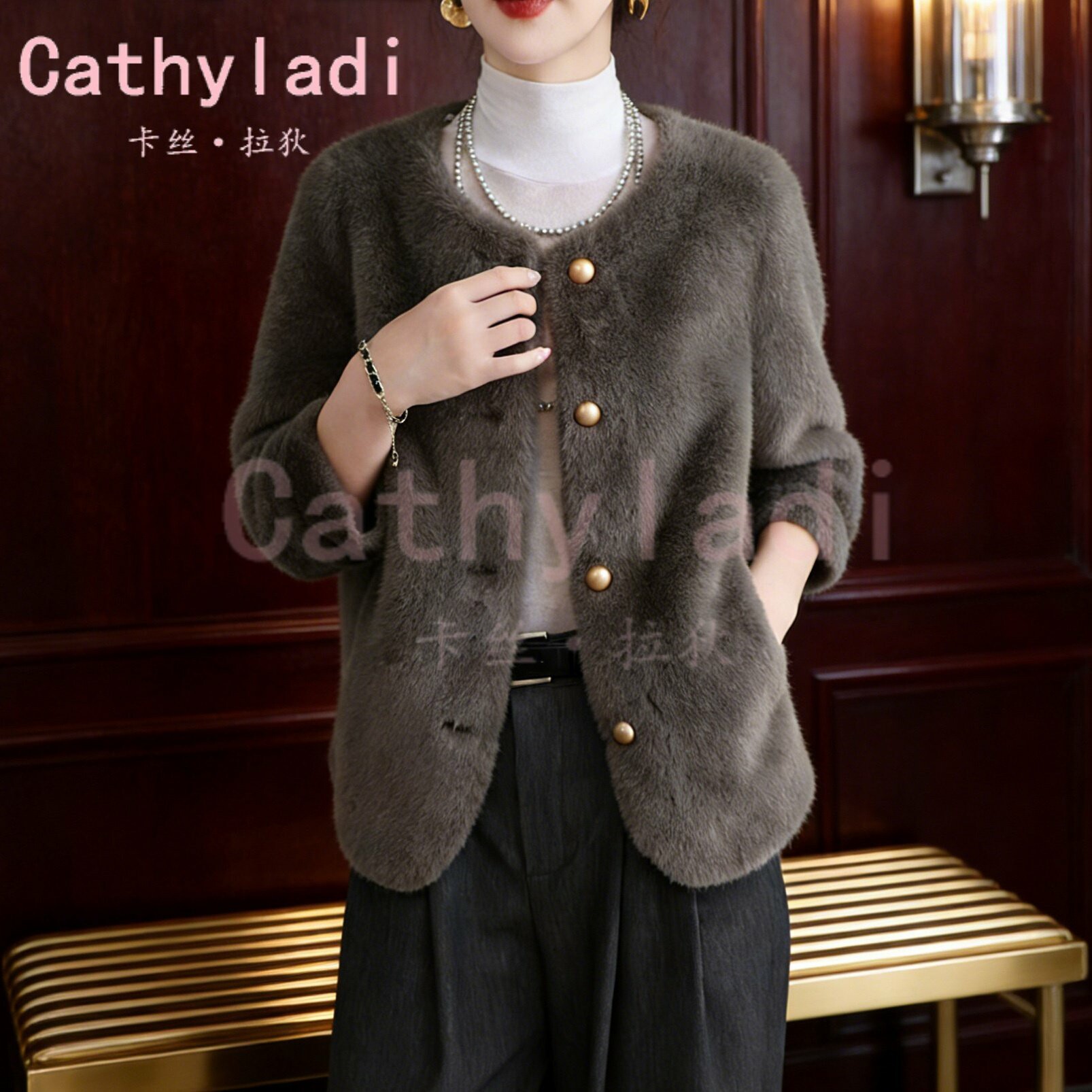 CATHYLADI时尚小香风短款外套2026年冬季保暖轻奢长袖灰色上衣女