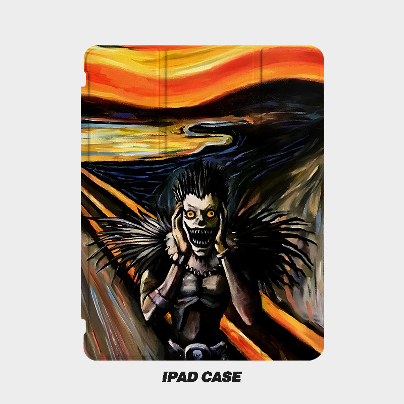油画死亡恶魔艺术ins小众适用平板壳iPad7/8/9/10壳2020带笔槽Air2/3/4/5苹果2021第九代11Pro三折min