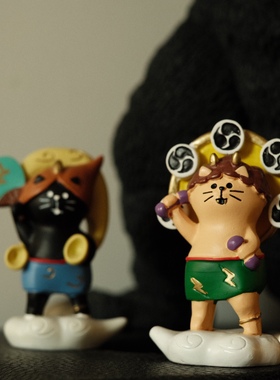 复古怀旧主题风神雷神猫猫公仔迷你造景玩具可爱装饰摆件小礼物