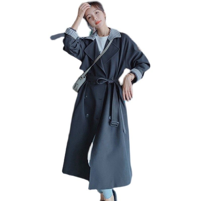 黑色拼格风衣女中长款数据很好077-2128-P145-K198,女装风衣,浙宝100