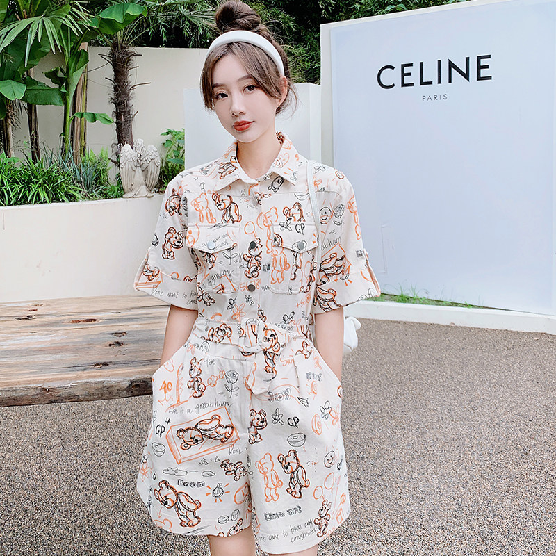 设计感小熊印花工装连体裤女夏季2024新款小众时髦高腰短裤连衣裤,女装连体裤,浙宝100