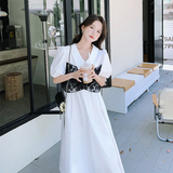 松弛感蝴蝶结绑带白色V领连衣裙女夏2025温柔风独特绝美连身长裙，女装连衣裙，浙宝100