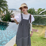 韩系气质条纹背带连衣裙女夏2025新款不规则设计感休闲减龄中长裙，女装连衣裙，浙宝100